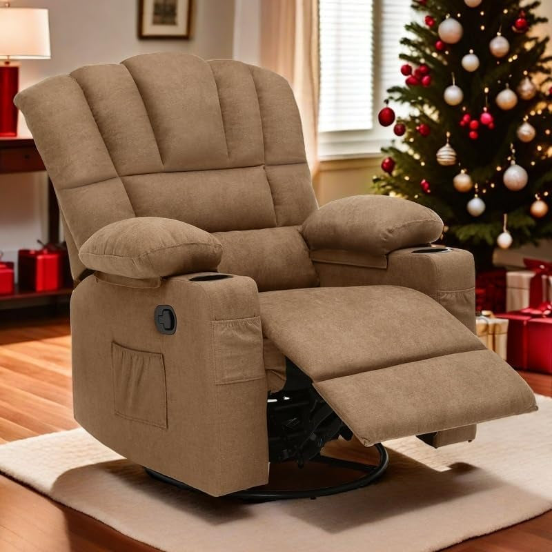 360°Swivel Rocking Recliner, Comfy Recliner Chair, Fabric Manual Reclining Chair with 2 Cup Holders, Side Pockets for Living Room, Bedroom, Home Theater Seating, Brown-0