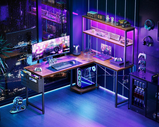 L Shaped Desk Gaming Desk with LED Light & Power Outlet, 53 Inch Reversible L Shaped Computer Desk with Shelf, Corner Desk with Storage Bag&Hook for Home Office Desk, Vintage-1