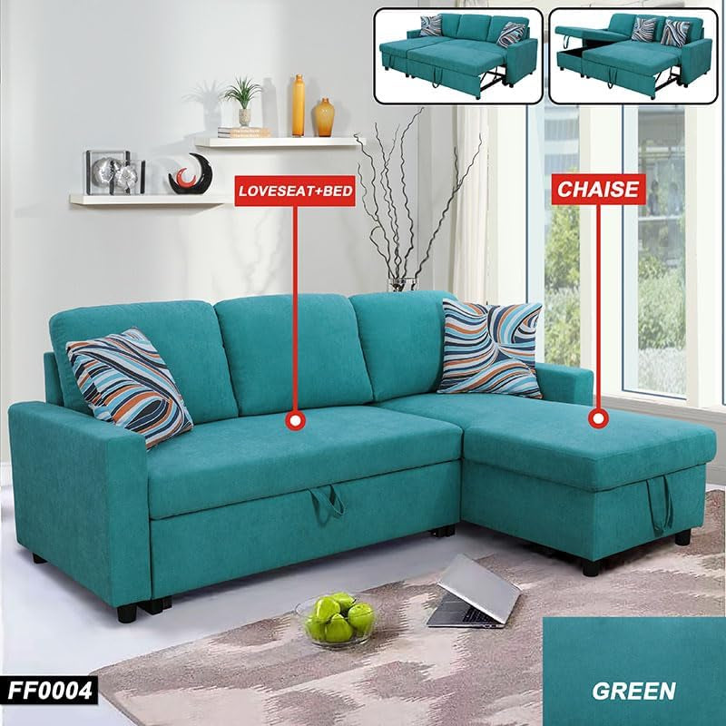 L-Shaped Combo Sofa Bed, Sleeper Chair Bed 3 in 1 Convertible Sofa Bed with Chaise, Reversible Sofa Bed for Living Room, Office, Apartment, Green-2