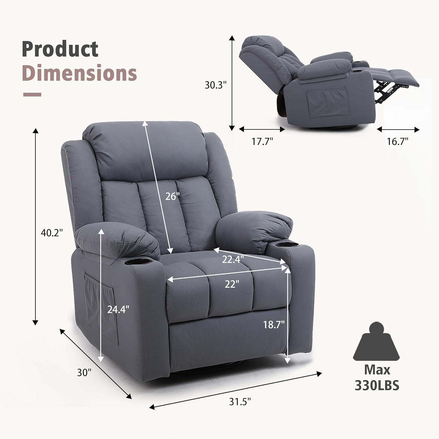 Rocker Swivel Recliner Chair for Adults, Overstuffed Large Manual Recliner Glider with Massage and Heat, Comfy Soft Fabric Living Room Reclining Sofa Chair(Technical Grey)-1