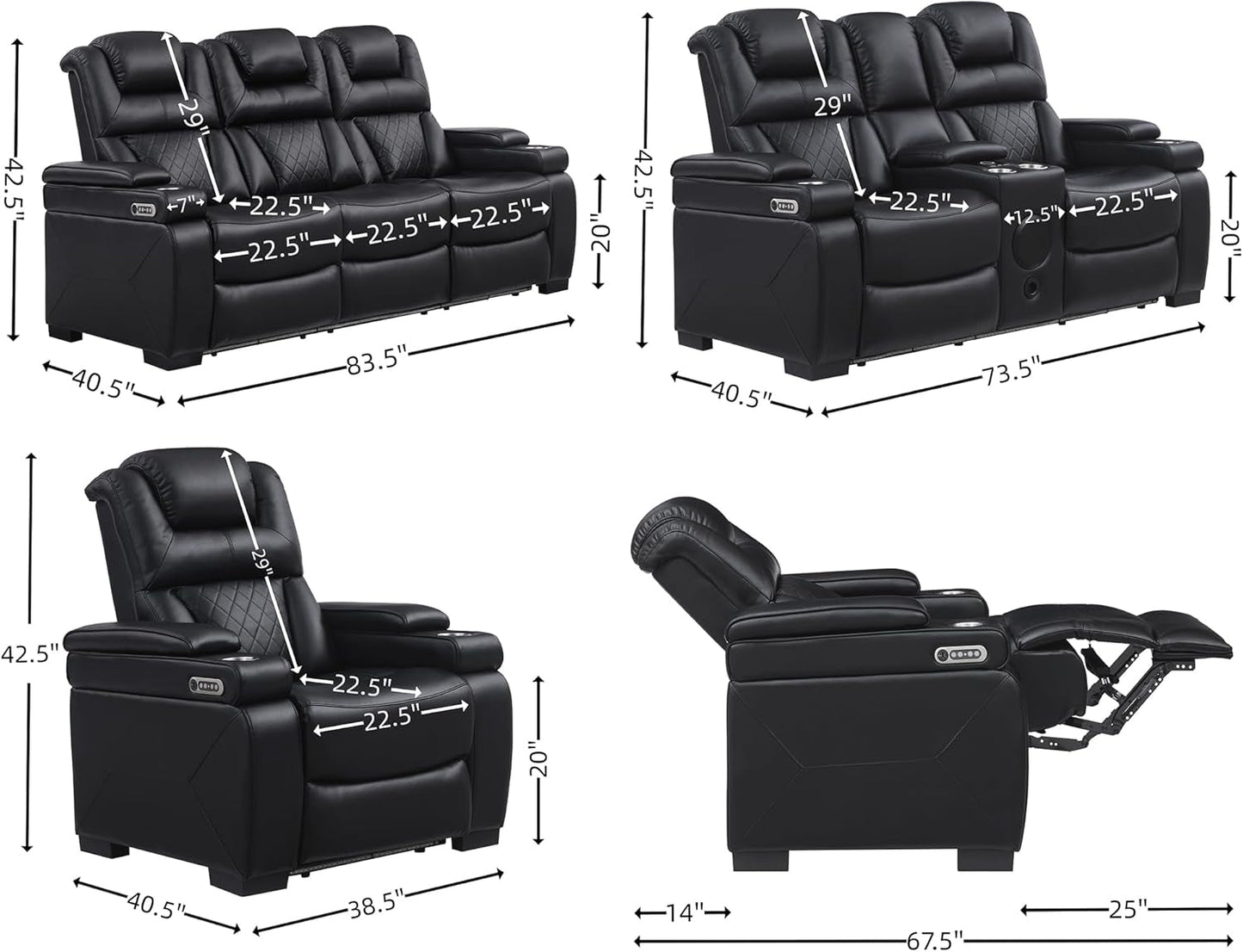 Power Breathable Leather Reclining Sofa Set with LED Light, Home Theater Seating Recliner Couch with Adjustable Headrest/Reading Light/Usb Port/Wireless Charing/Bluetooth Speaker, Black-1