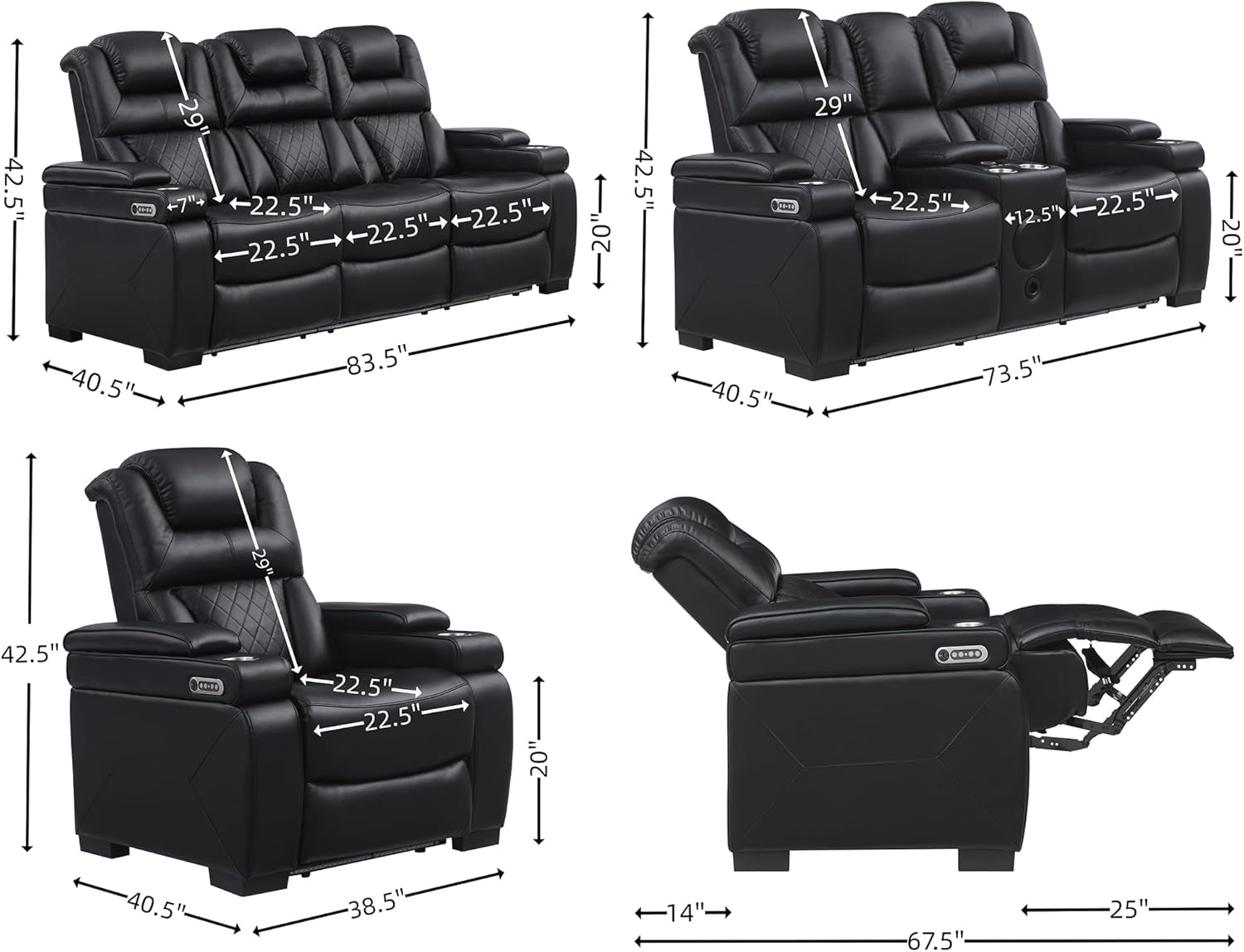 Power Breathable Leather Reclining Sofa Set with LED Light, Home Theater Seating Recliner Couch with Adjustable Headrest/Reading Light/Usb Port/Wireless Charing/Bluetooth Speaker, Black-1