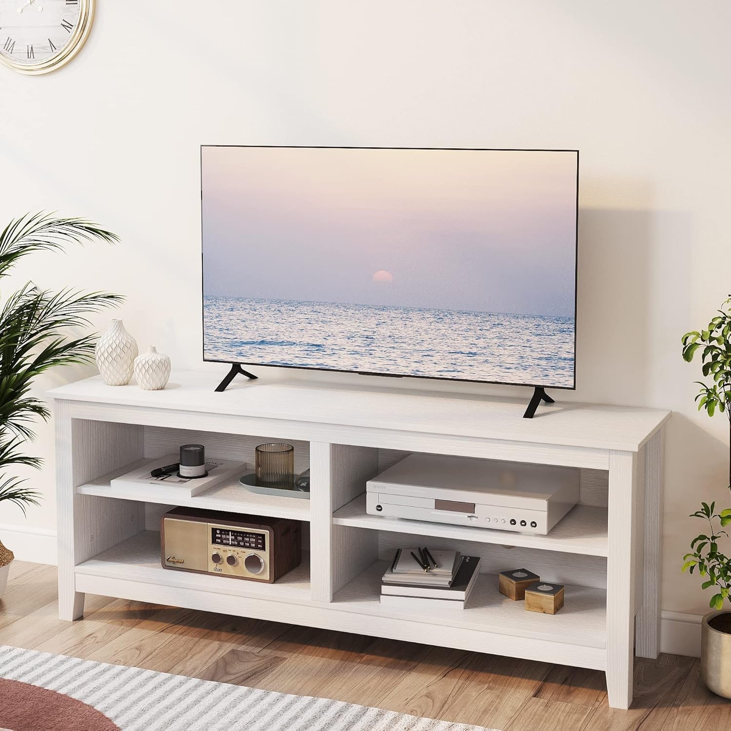 TV Stand for 65 Inch TV with Storage,Modern TV Entertainment Center for Bedroom,Tv Media Console Table with 4 Open Storage Shelve,55 Inch Wood TV Cabinet White-0