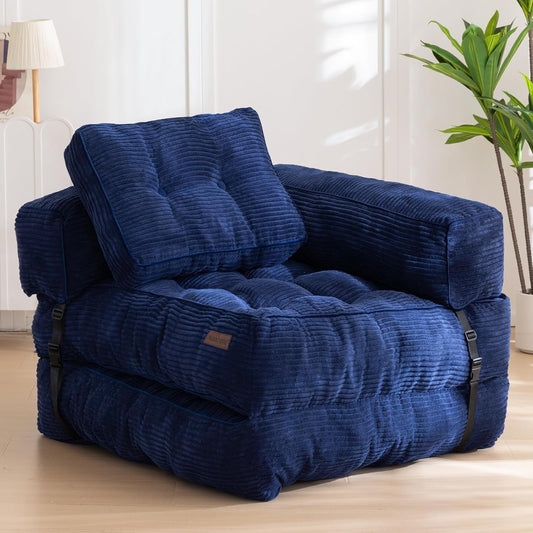 Folding Sofa Bed, L-Shaped Convertible Sofa Bed with Armrest Foldable Sleeper Sofa with Pillow, Portable Fold Out Chair Bed Comfy Floor Sofa Lounge for Living Room Bedroom, Navy-0