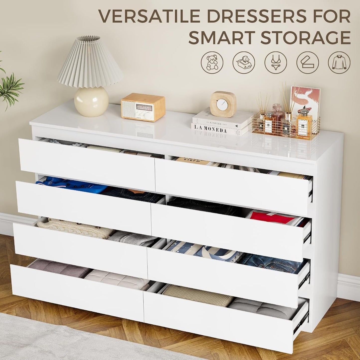 White Wood Dresser for Bedroom, 8 Drawer Dresser for Clothes Storage, Modern Dresser with Wide Drawers, Wide Wooden Chest Drawers for Living Room, Entryway, TV Stand(55" W X15.4 Dx32.3 H)-2