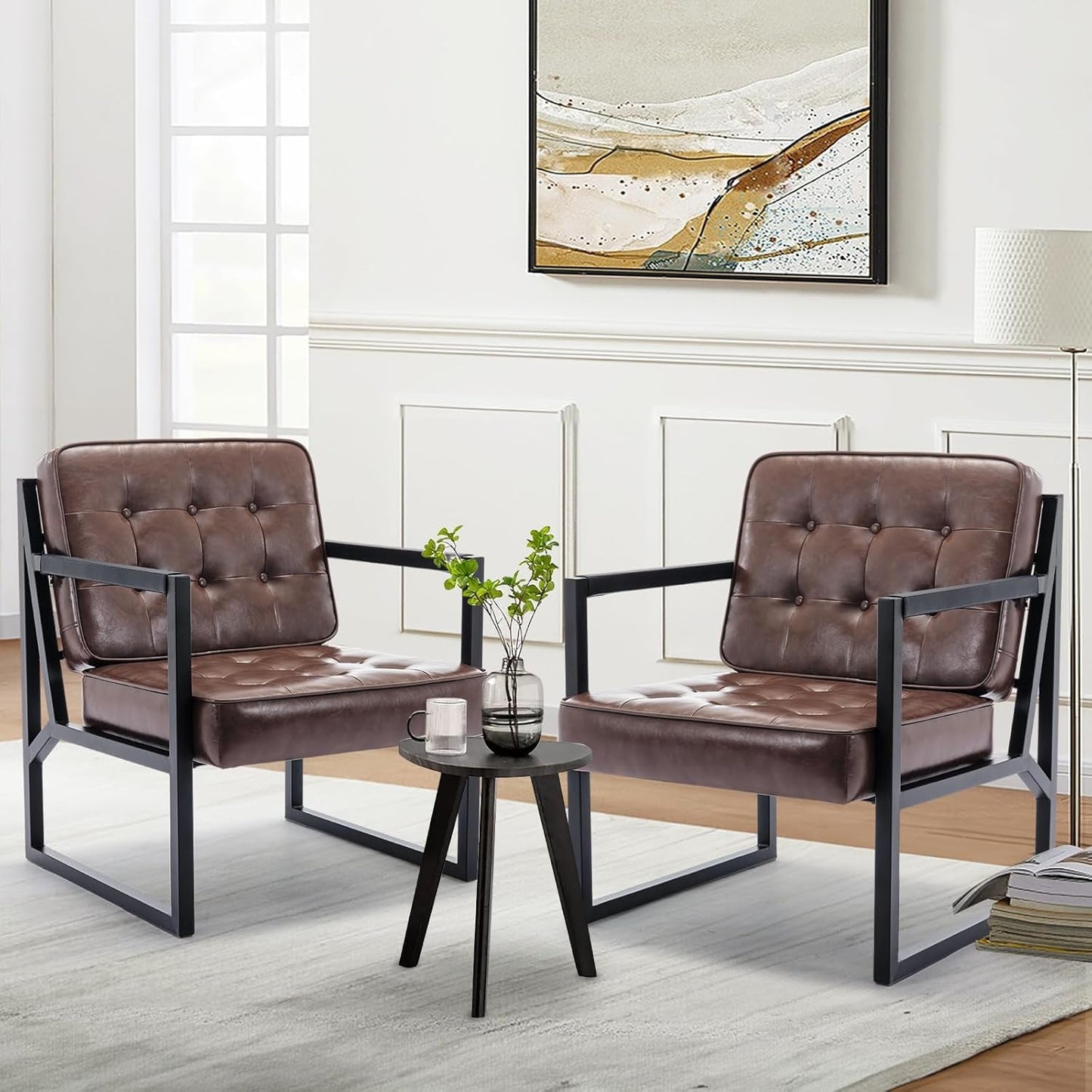 Mid Century Modern Accent Chair Set of 2, Comfy Living Room Chair, Brown Leather Accent Chair, Faux Leather Reception Armchair with Metal Legs for Living Room Bedroom Reception Office, Brown-0