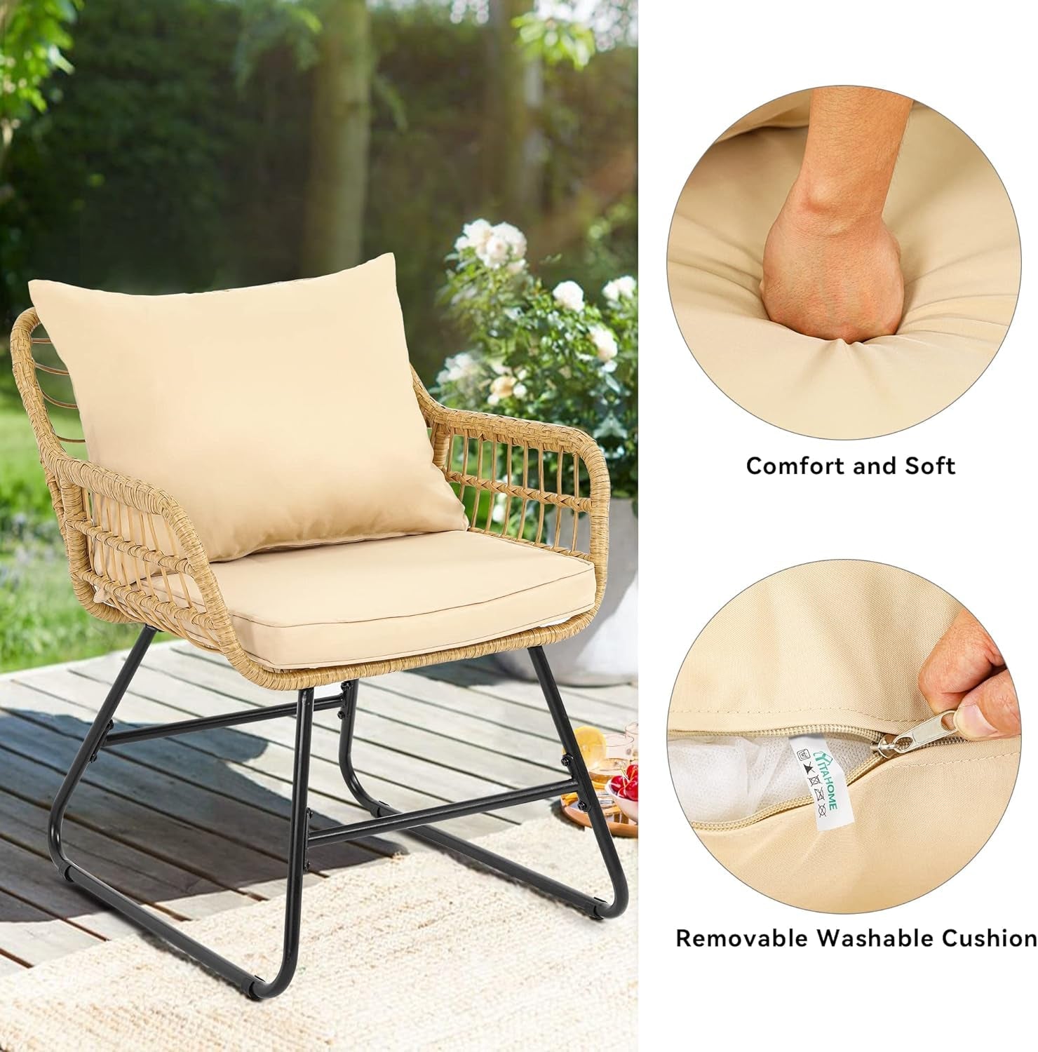 Patio Furniture Wicker Outdoor Bistro Set, 4-Piece All Weather Patio Furniture Rattan Conversation Loveseat Sets for Backyard, Balcony and Deck, Light Brown+Beige-3