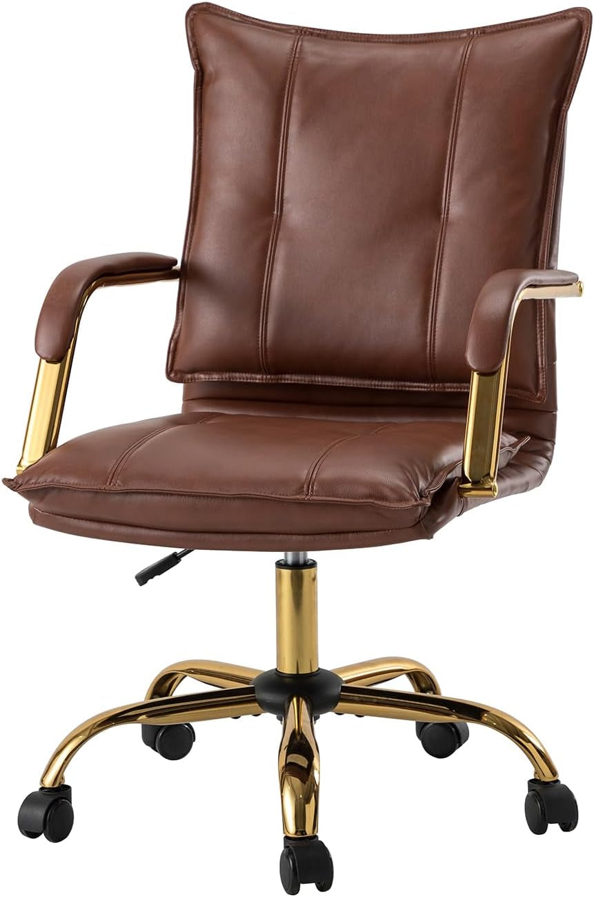 Faux Leather Home Office Desk Chair, Adjustable Swivel Computer Chair with Golden Legs and Arms, Comfy Upholstered Task Chair, Brown-2