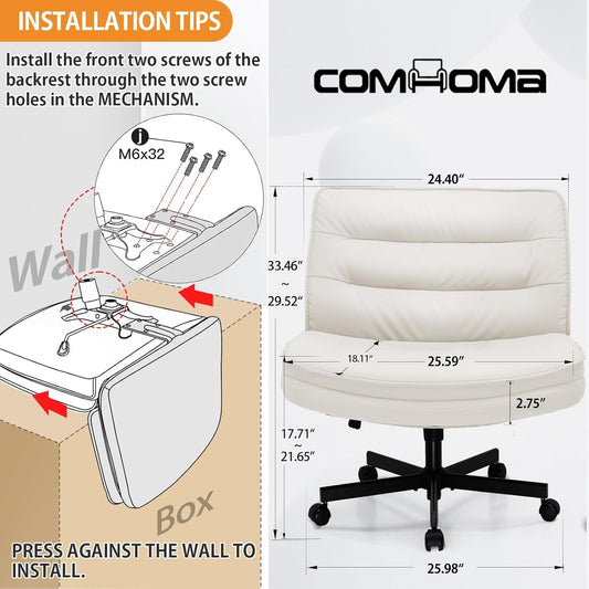 Criss Cross Chair with Wheels, Armless Wide Cross Legged Office Chair Mid Back, Modern Home Office Desk Chair Swivel Adjustable Vanity Computer Chair, Beige-1