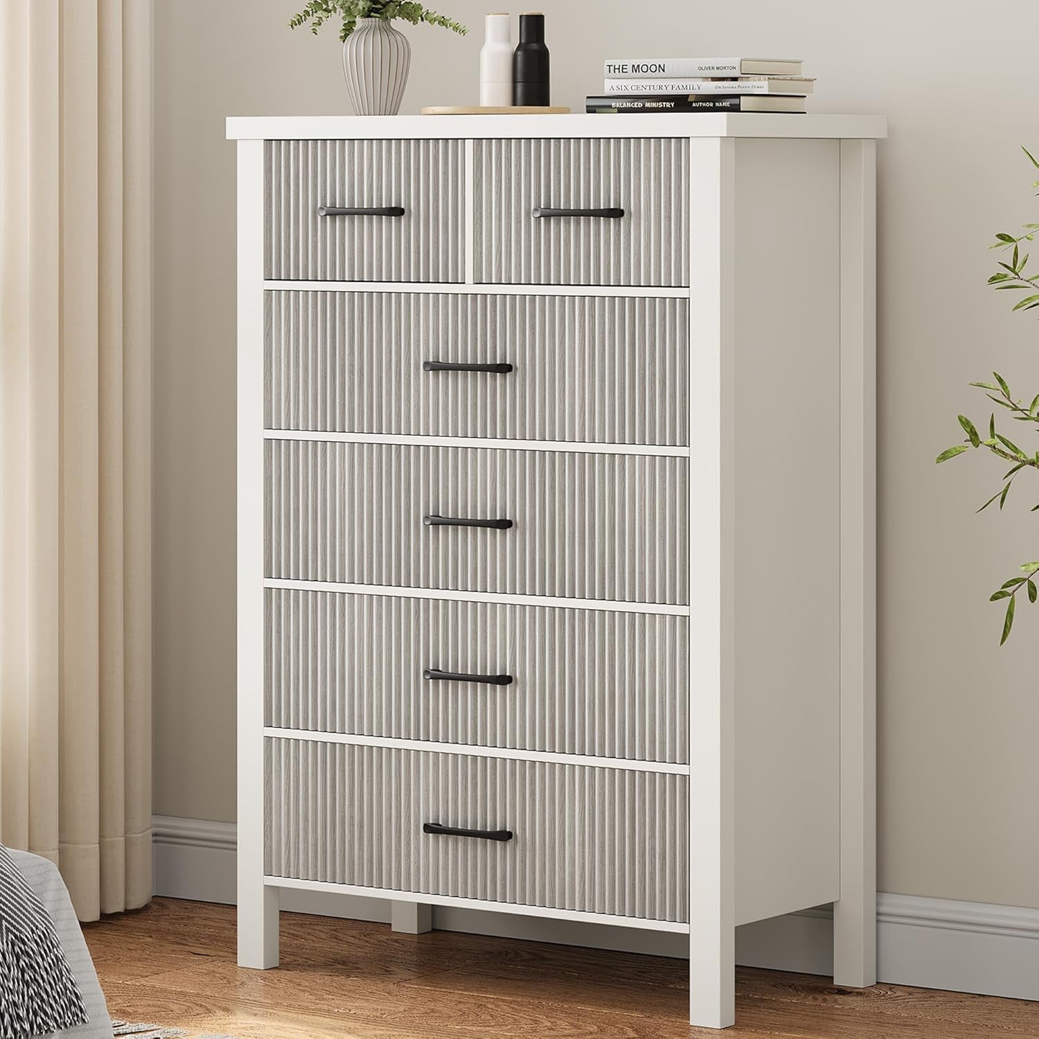White Dresser 6 Drawer Dresser for Bedroom, Modern Fluted Dresser with Solid Wood Legs, Tall Double Wooden Dresser Large Chest of Drawers for Living Room, Entryway, Hallway (Grey Fluted)-0