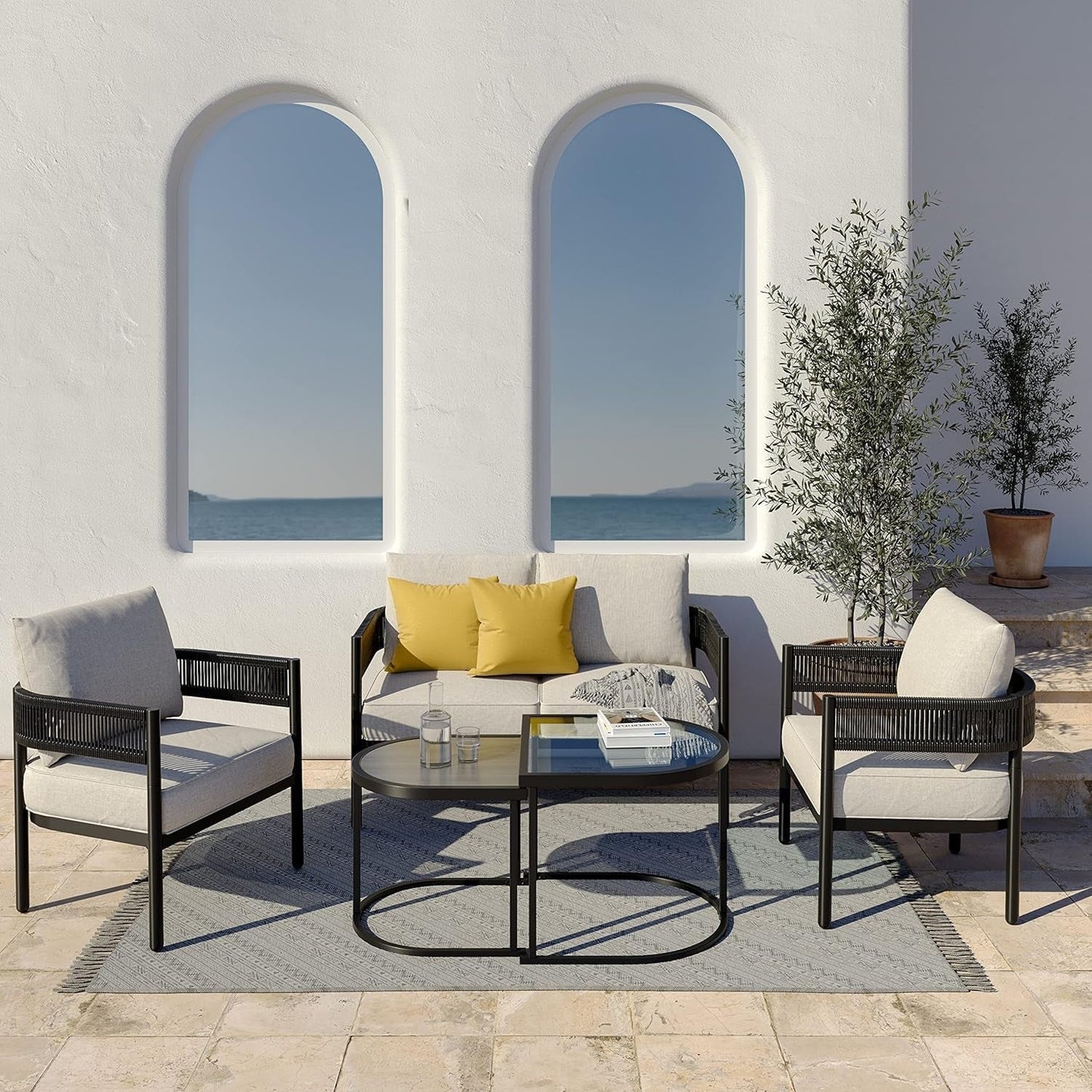 5-Piece Outdoor Furniture Set with Thick Cushions and Coffee Table, Wicker Sofa Conversation Set for Backyard, Beige-0