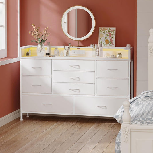 White LED Dresser with 9 Drawers and Charging Station-0