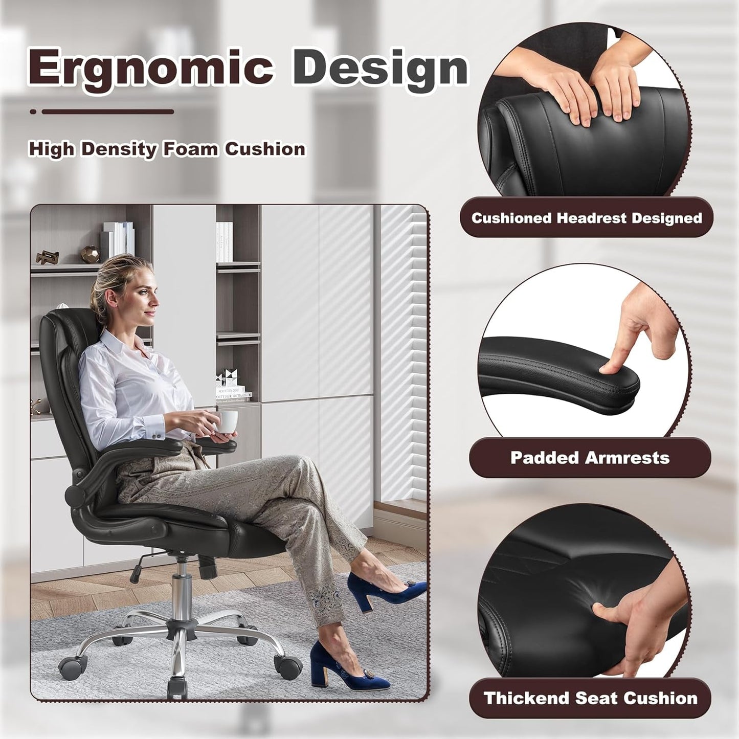 Executive Office Chair, Ergonomic High Back with Adjustable Flip-Up Armrest, Swivel Leather-Papped Seats with Lumbar Support, Black-4