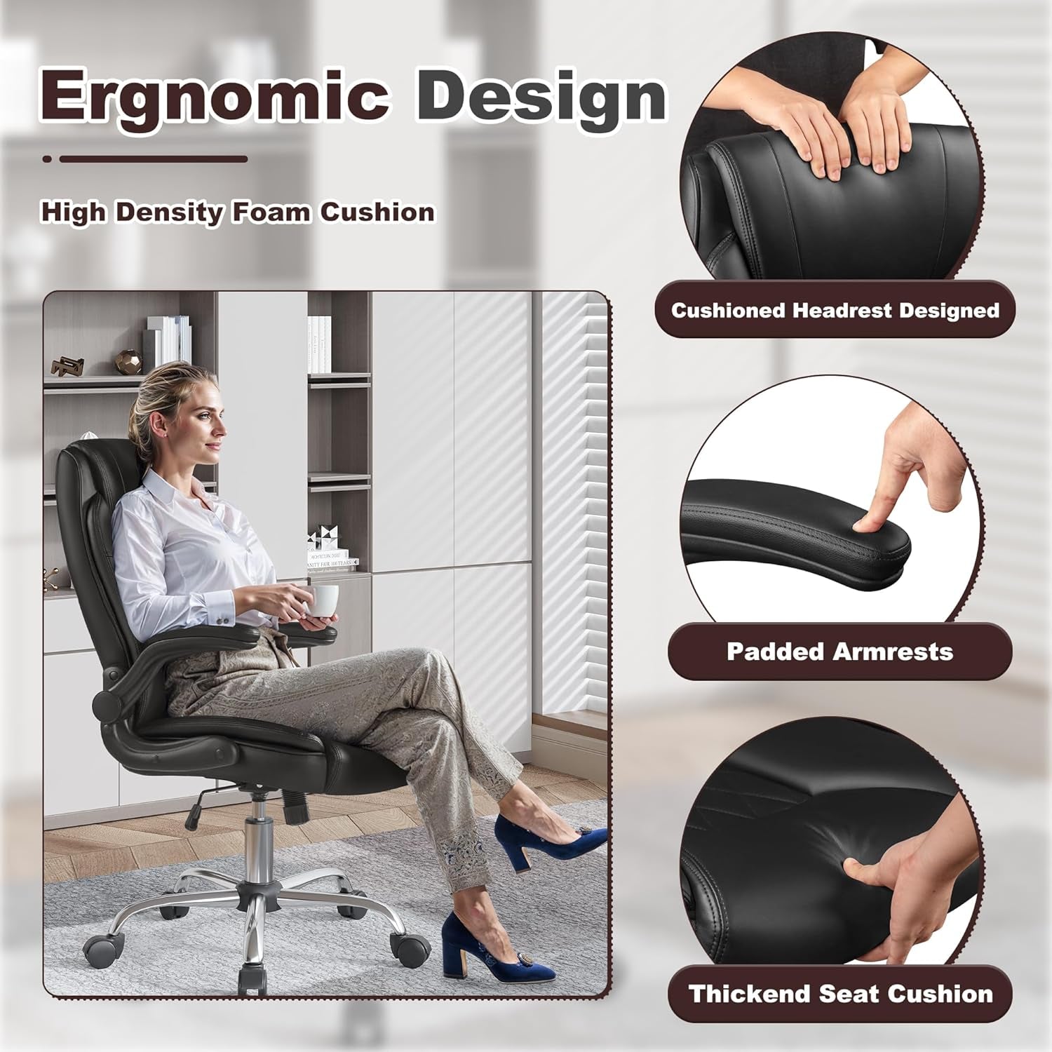 Executive Office Chair, Ergonomic High Back with Adjustable Flip-Up Armrest, Swivel Leather-Papped Seats with Lumbar Support, Black-4