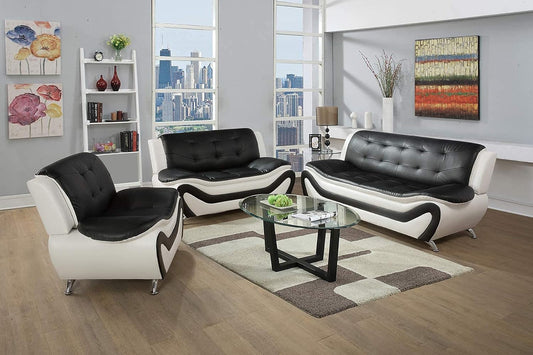3 PCS Faux Leather Aldo Modern Sofa Set, Living Room Set with Sofa, Loveseat and Chair (Black & White)-0