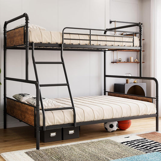 Bunk Bed Twin over Full Size with High Guardrail and Ladder,Twin Size Convertible Metal Bunk Beds for Kids/Teens/Adults,Easy Assembly, No Box Spring Needed,Vintage Brown-0