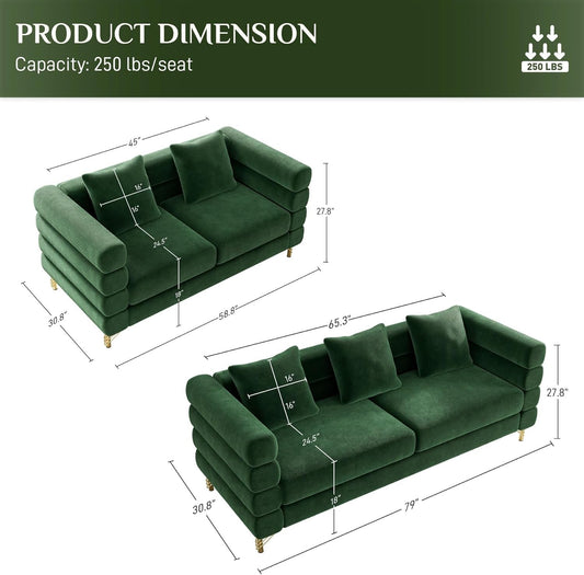 Living Room Sofa Couch and Loveseat Set, Modern Comfy Velvet Deep Seat Cloud Couch with 5 Pillows, Oversized Sofa Furniture Sets for Living Room Bedroom, Emerald Green Velvet-1