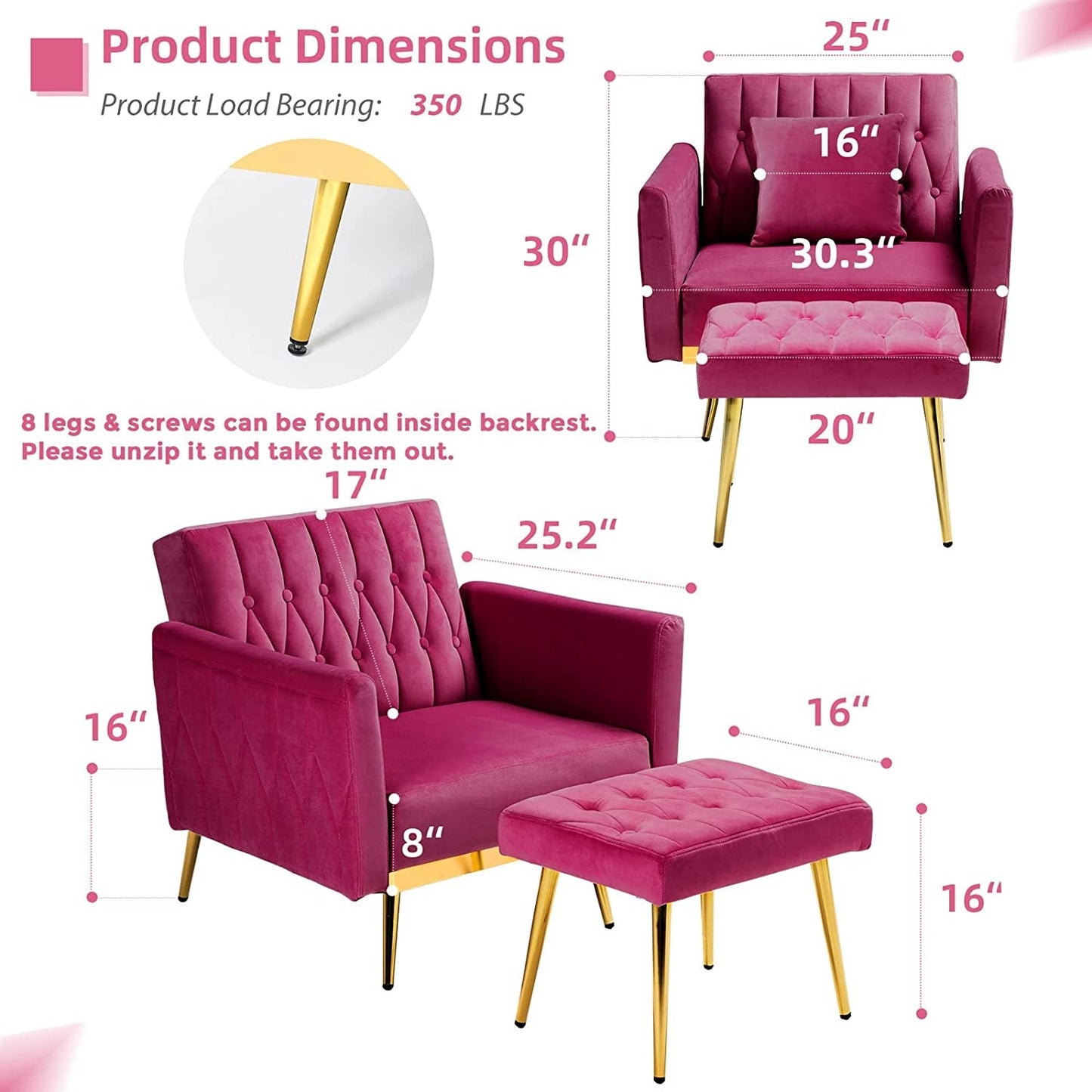 Fuchsia Velvet Accent Chair with Adjustable Features-2