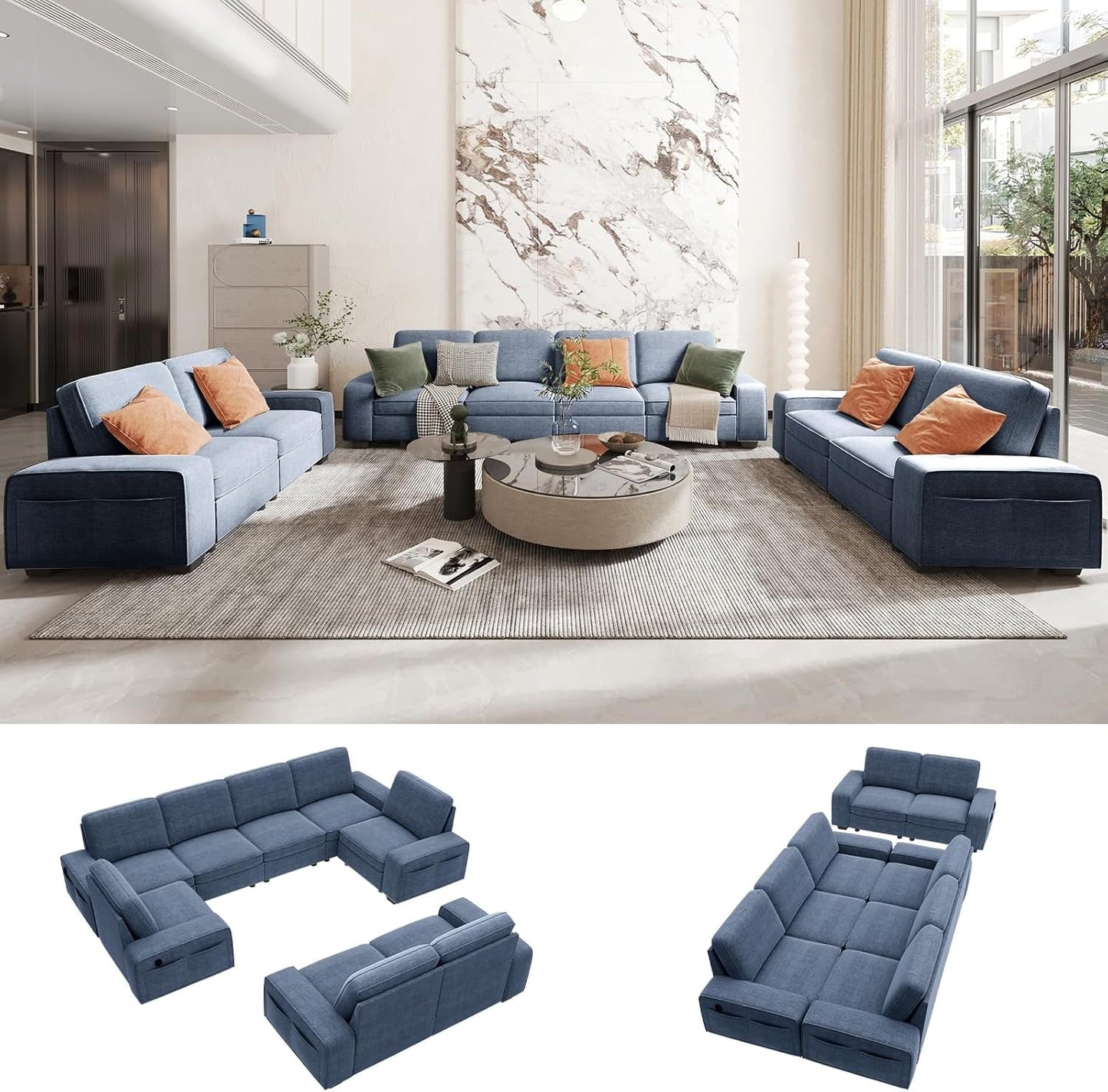Blue U Shape Sectional Sofa for Living Room/Office 8 Seater Sofa Sets with Large Storage Space Comfy Chenille Cover (4-Seat Modular Sofa & 2×Loveseat Couch)-0