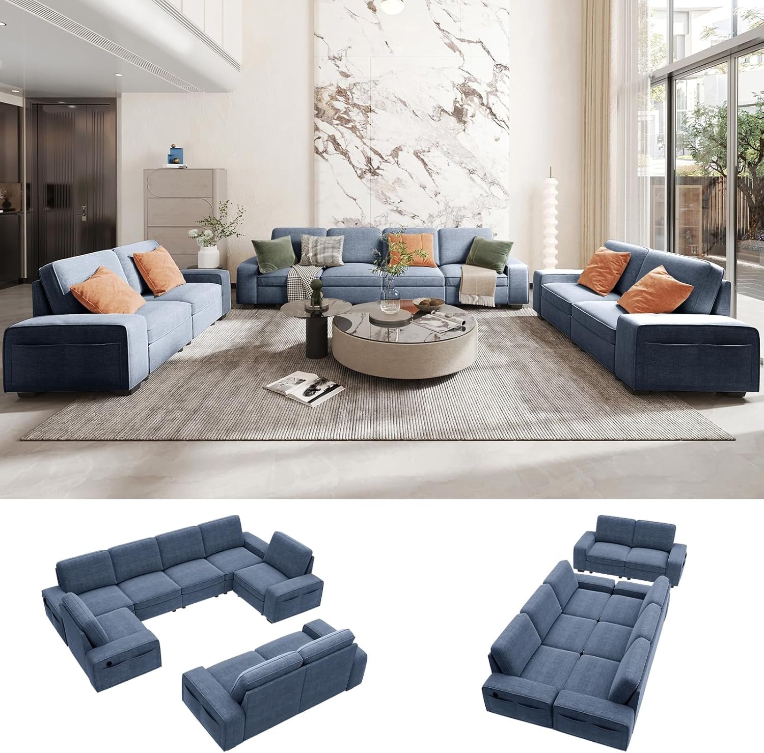 Blue U Shape Sectional Sofa for Living Room/Office 8 Seater Sofa Sets with Large Storage Space Comfy Chenille Cover (4-Seat Modular Sofa & 2×Loveseat Couch)-0