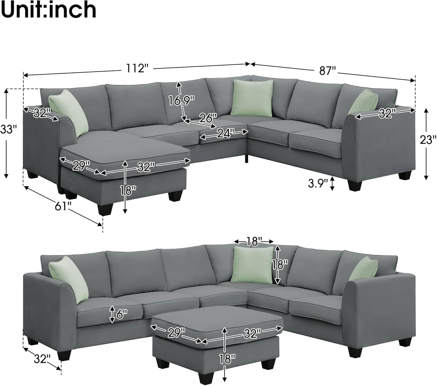 Modern Large U-Shape Sectional Sofa, 7 Seat Fabric Sectional Sofa Set with Movable Ottoman, L Shape Sectional Sofa Corner Couch with 3 Pillows for Living Room Apartment, Office-3