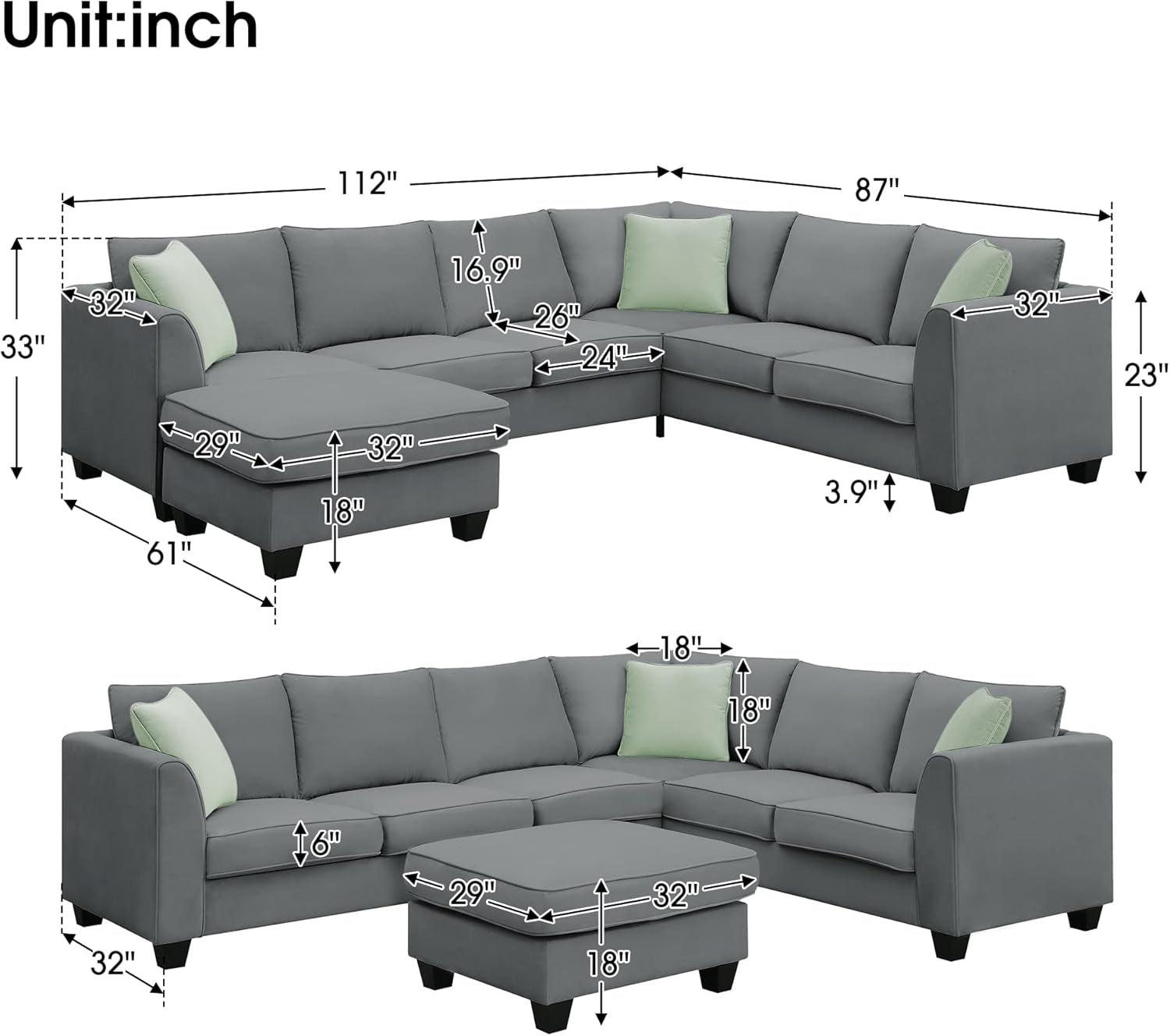 Modern Large U-Shape Sectional Sofa, 7 Seat Fabric Sectional Sofa Set with Movable Ottoman, L Shape Sectional Sofa Corner Couch with 3 Pillows for Living Room Apartment, Office-3