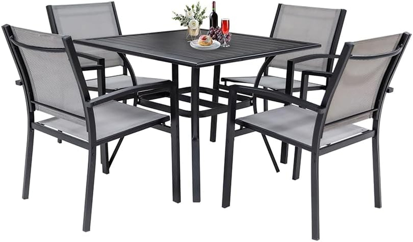 5 Piece Patio Dining Set,Outdoor Furniture 4 Textilene Chairs & 1 Square 38"X 38" Metal Slatted Table with 1.5" Umbrella Hole,Outside Porch Deck Balcony Backyard Set for 4-0