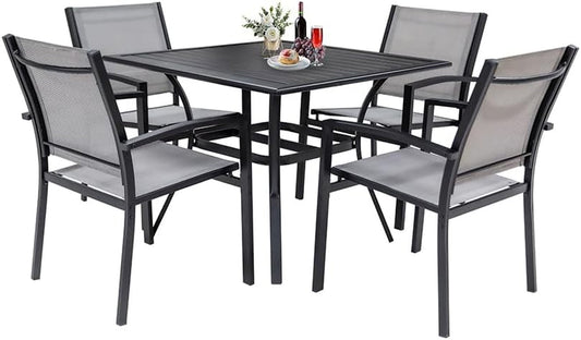 5 Piece Patio Dining Set,Outdoor Furniture 4 Textilene Chairs & 1 Square 38"X 38" Metal Slatted Table with 1.5" Umbrella Hole,Outside Porch Deck Balcony Backyard Set for 4-0