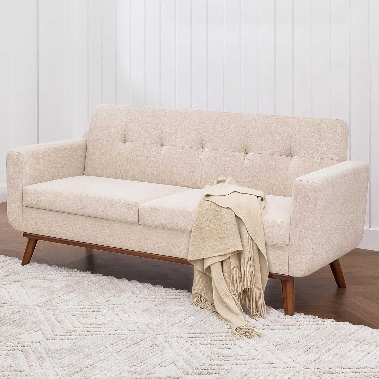 Oatmeal Mid-Century Loveseat Button-Tufted, Modern Style-0