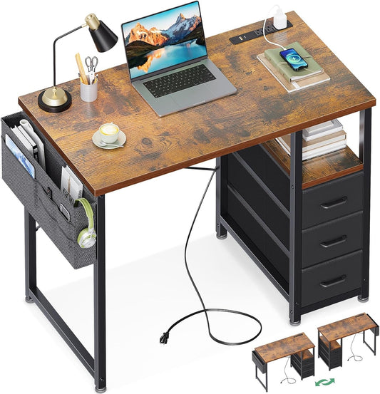 32" Small Computer Desk with Fabric Drawers and Charging Station, Kids Girls Teen Study Writing Desk for Bedroom, Home Office Desk with Storage Shelf & Bag, Vanity Table for Small Space, Vintage-0