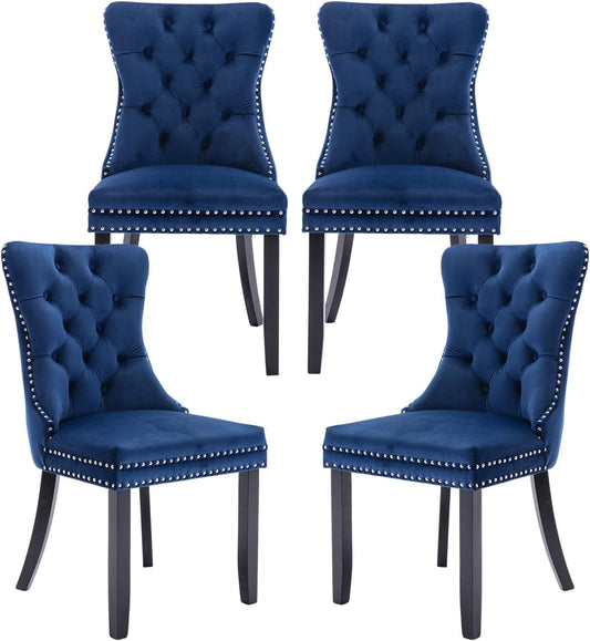 Velvet Dining Chairs Set of 4, Upholstered Dining Chair with Nailhead Trim and Solid Wood Legs, Navy Luxury Wingback Dining Side Chair for Living Room, Bedroom, Kitchen-0