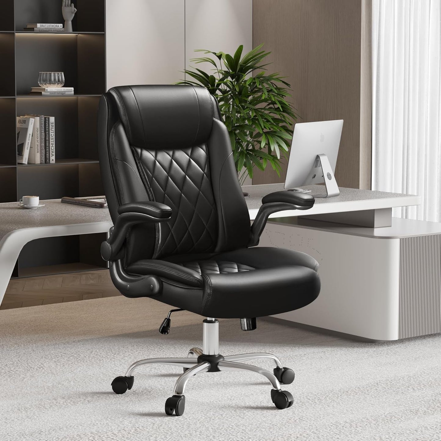 Executive Office Chair, Ergonomic High Back with Adjustable Flip-Up Armrest, Swivel Leather-Papped Seats with Lumbar Support, Black-1