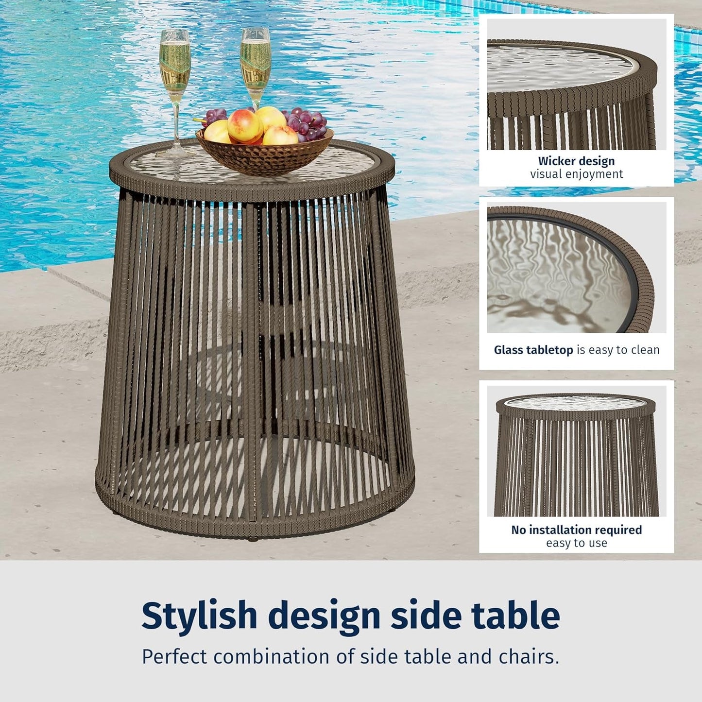 Breezeway Patio Furniture Set, 3-Piece outside Bistro Set Handwoven Rattan Wicker Chairs with Waterproof Cushions, Tempered Glass Table, Outdoor Conversation Set for Porch, Coffee & Beige-3