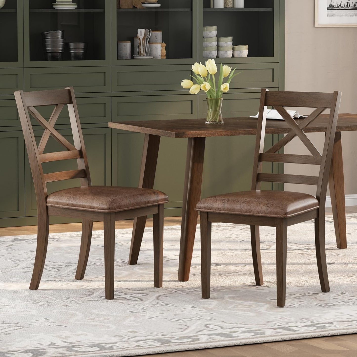 Amara Upholstered Dining Chairs Set of 2,Rubberwood Dining Chairs with Cross Back Design,Country Style Upholstered Cushion Chairs for Kitchen Dining Room Indoor, Brown-4