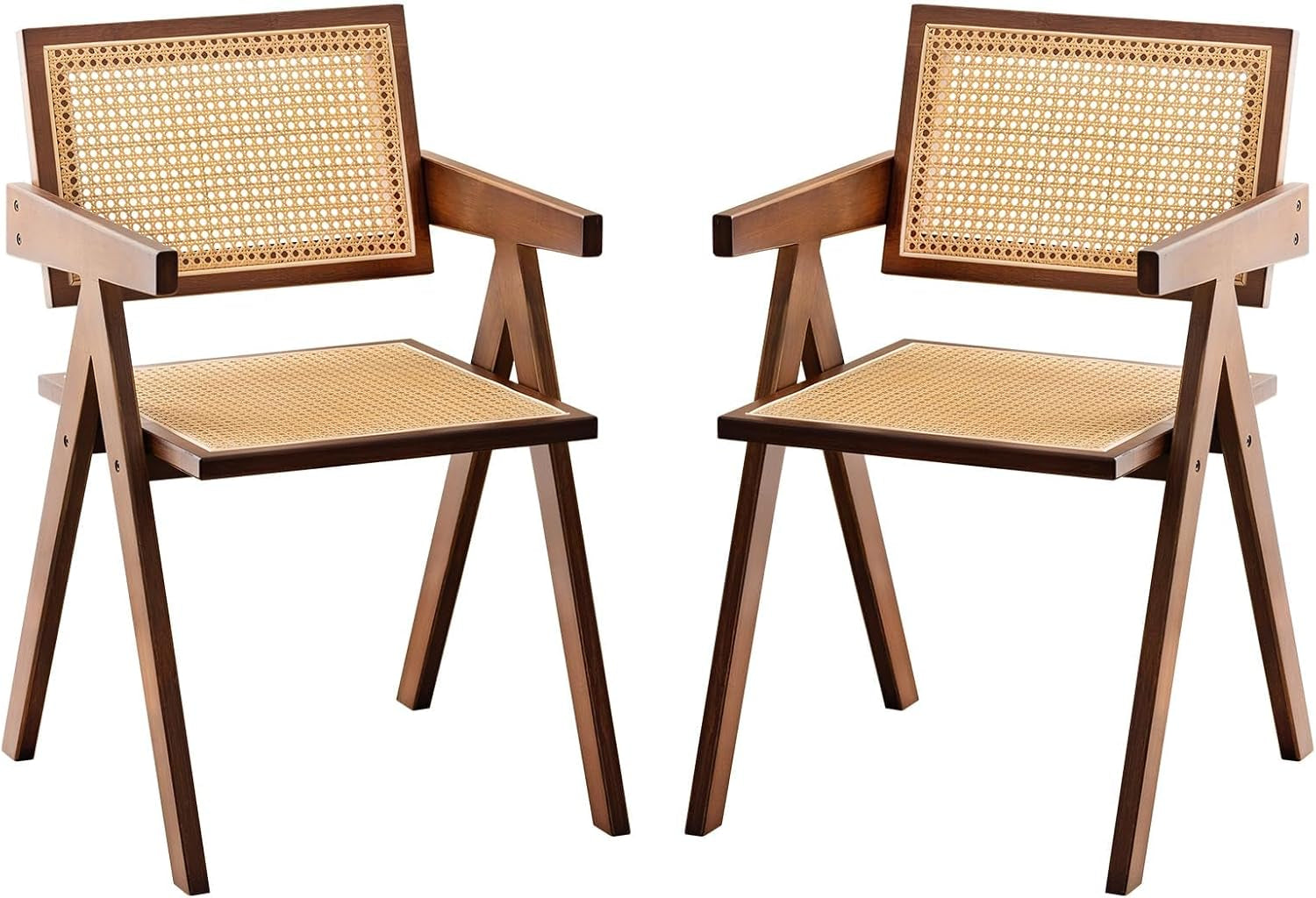 Rattan Accent Chairs, Modern Mid Century Dining Chairs Set of 2, Comfy Armchairs, Outdoor Rattan Chairs with Armrest for Bedroom Living Room Reading Room Dining Kitchen, Brown-0