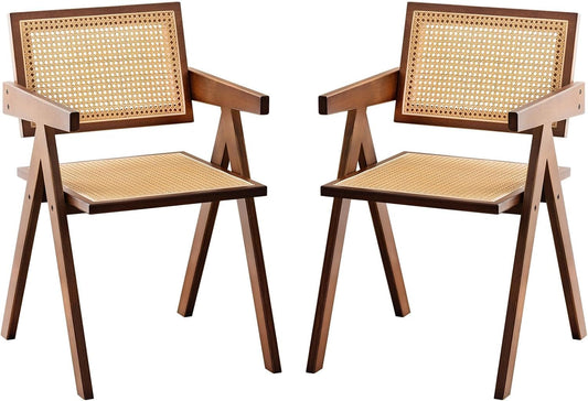 Rattan Accent Chairs, Modern Mid Century Dining Chairs Set of 2, Comfy Armchairs, Outdoor Rattan Chairs with Armrest for Bedroom Living Room Reading Room Dining Kitchen, Brown-0