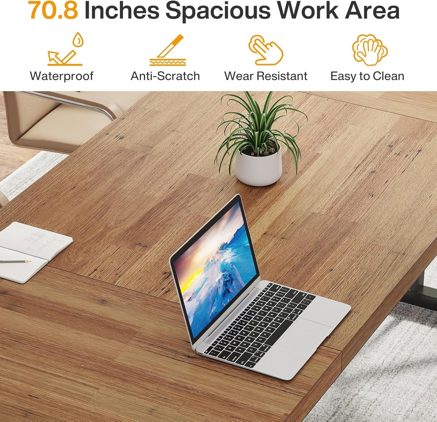 70.8-Inch Executive Desk, Large Computer Office Desk Workstation, Modern Simple Style Laptop Desk Study Writing Table Business Furniture for Home Office (Light Brown, 70.8 Inch)-4