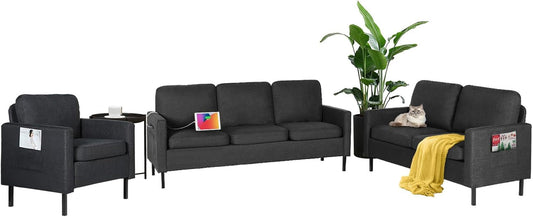 3 Piece Living Room Furniture Sets, 3 Seat Couch and Loveseat with 2 USB, Single Sofa Accent Chair, Modern Small Couches for Small Spaces, Bedroom (Dark Grey)-0