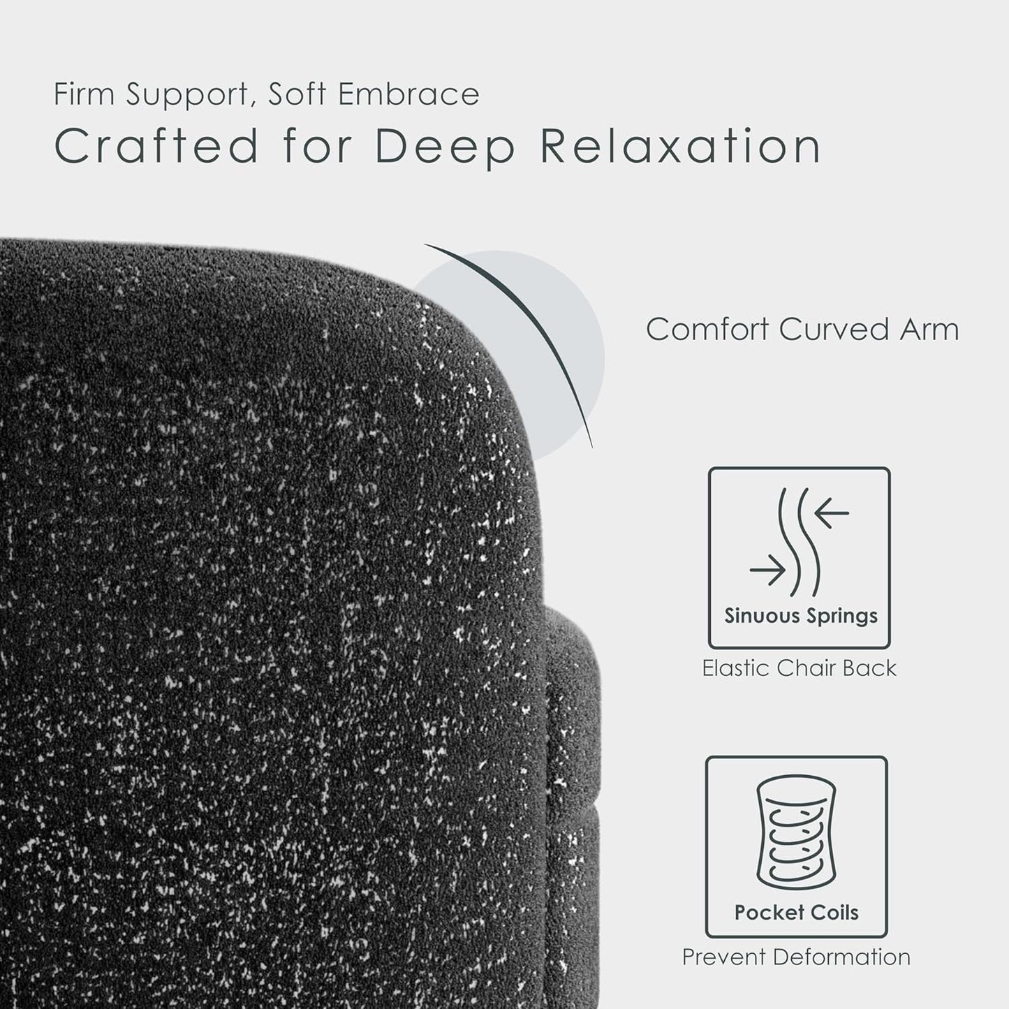 Nimiane Modern Boucle Seating with Curved Arms and Wooden Legs, Comfy Fabric Upholstered for Living Room, Bedroom, Home Office, 1-Seat + 2-Seat + 3-Seat, Black-4