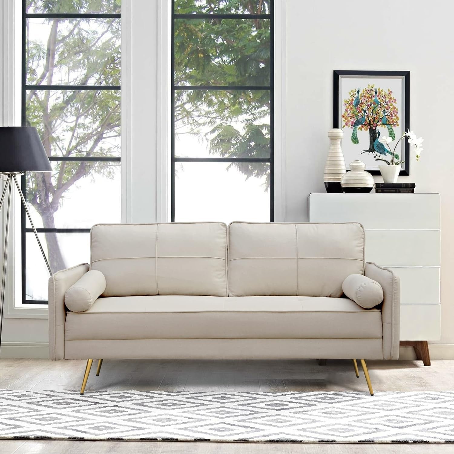 Modern Velvet Sofa Tufted Couch Upholstered Loveseat with Bolsters & Metal Legs for Living Room,Bedroom,Study,Playroom,Apartment,Dorm - Beige-1