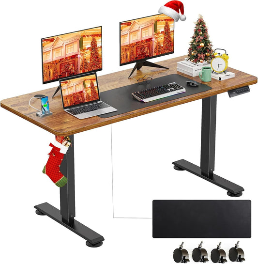 Electric Standing Desk Adjustable Height, 55 X 24 Inch Sit Stand up Desk with Large Mouse Pad, Double Metal Hook,4 Wheels,4 Memory Preset Heights Home Office Computer Desk（Brown）-0