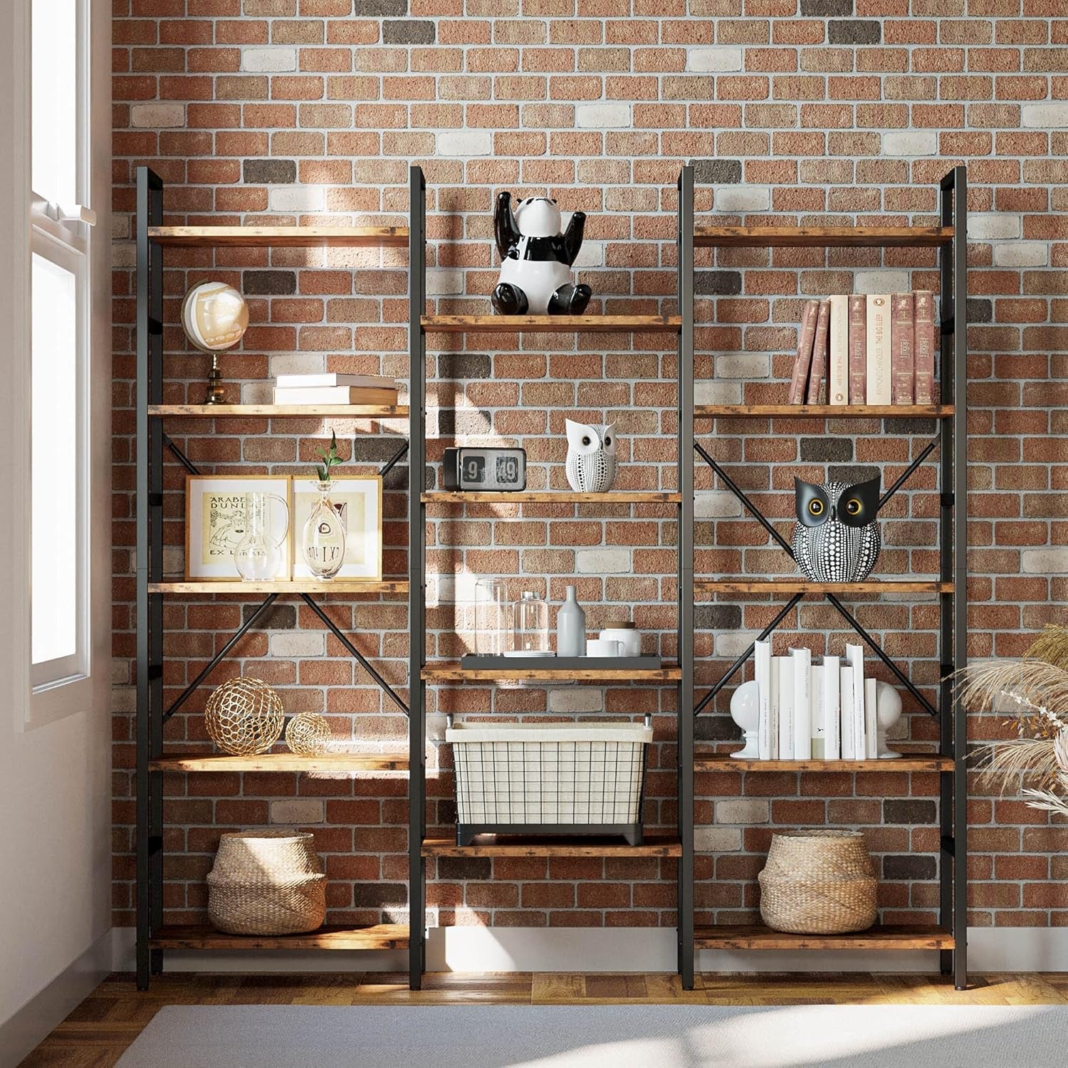 Bookcases and Bookshelves Triple Wide 5 Tiers Industrial Bookshelf, Large Etagere Bookshelf Open Display Shelves with Metal Frame for Living Room Bedroom Home Office-3