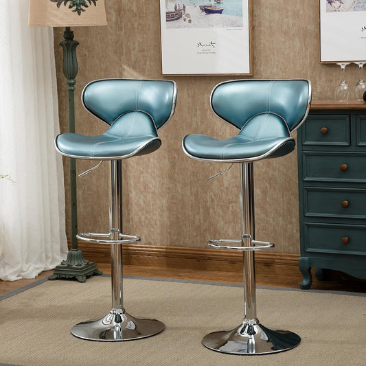 Masaccio Cushioned Leatherette Upholstery Airlift Adjustable Swivel Barstool with Chrome Base, Set of 2, Blue-1