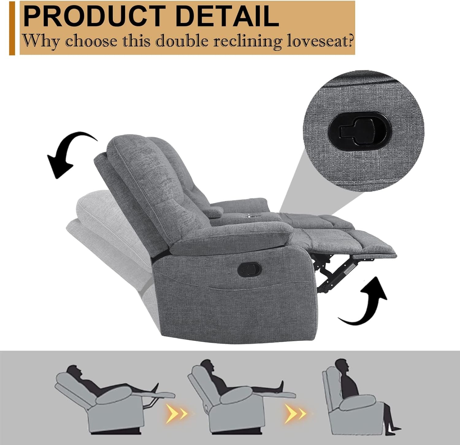 Double Reclining Loveseat - Fabric Home Theater Seating with Console - 2 Seater Manual Reclining Couch for Living Room, Office (Fabric- Light Grey)-3