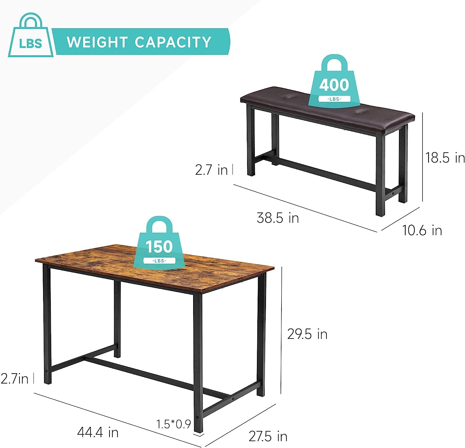 3-Piece Rustic Brown Dining Table Set for 4 with Benches-3