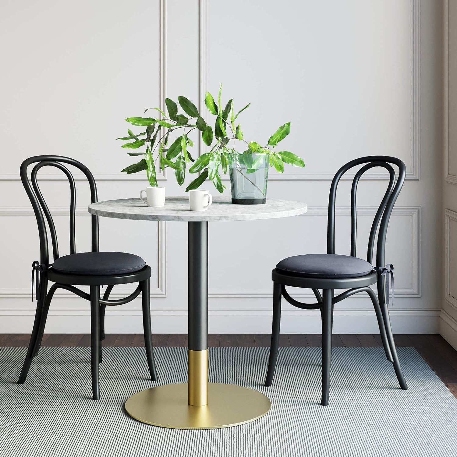 Bistro Lucy Small Mid-Century Modern Kitchen or Dining Table with Faux Carrara Marble Top and Brushed Metal Pedestal Base, Black/Gold 31D X 31.5W X 29H In-2
