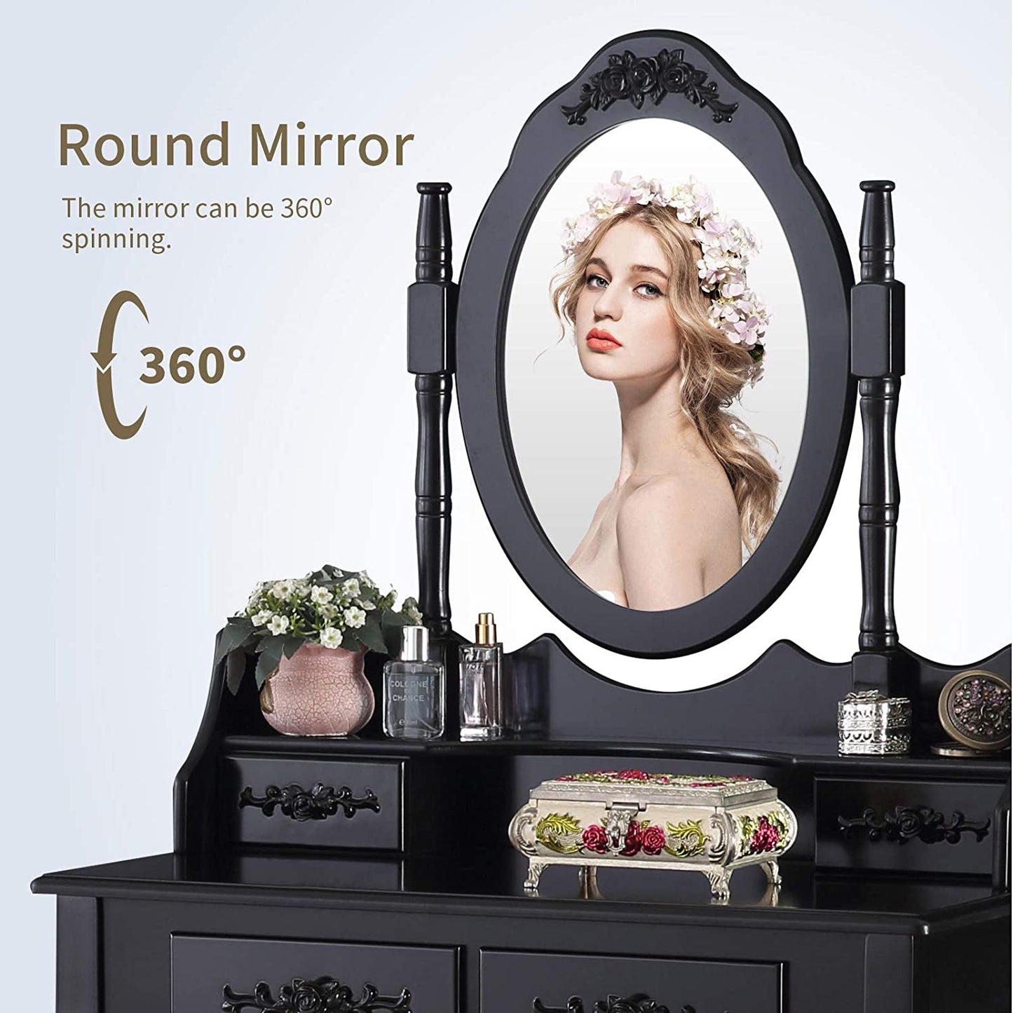 Oval Mirror Makeup Table with Drawer Storage-4
