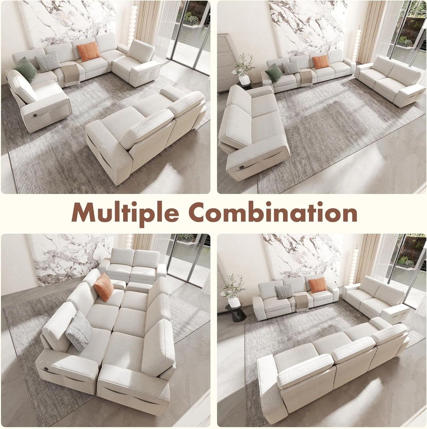 Beige U Shape Sectional Sofa for Living Room/Office 8 Seater Sofa Sets with Large Storage Space Comfy Chenille Cover (4-Seat Modular Sofa & 2×Loveseat Couch)-3