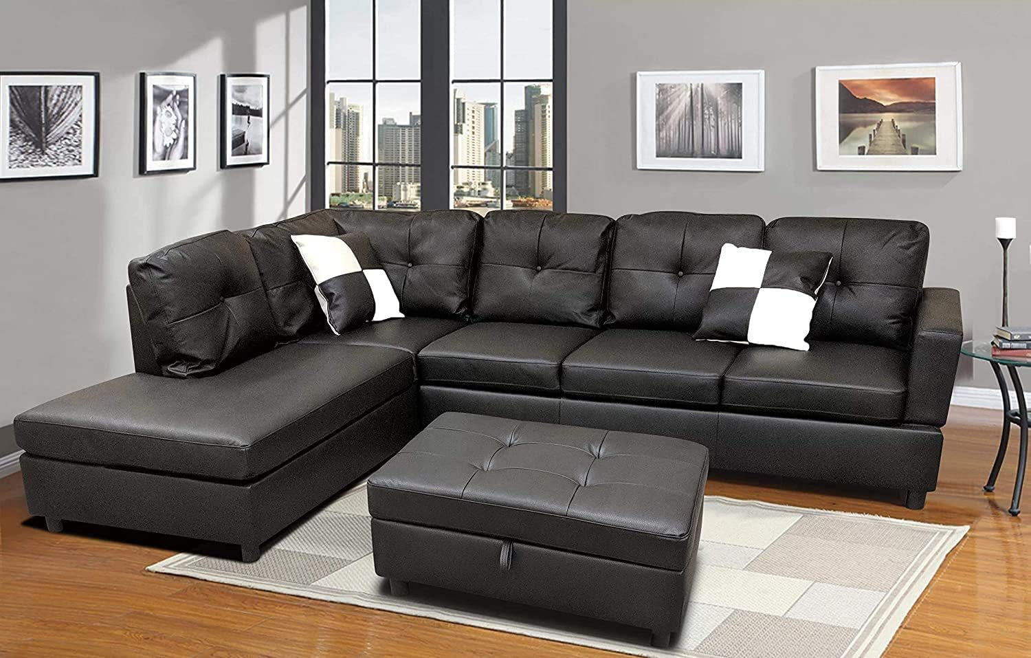 Sectional Sofa, L-Shape Faux Leather Sectional Sofa Couch Set with Chaise, Ottoman, 2 Toss Pillow Using for Living Room Furniture.（Black）-0