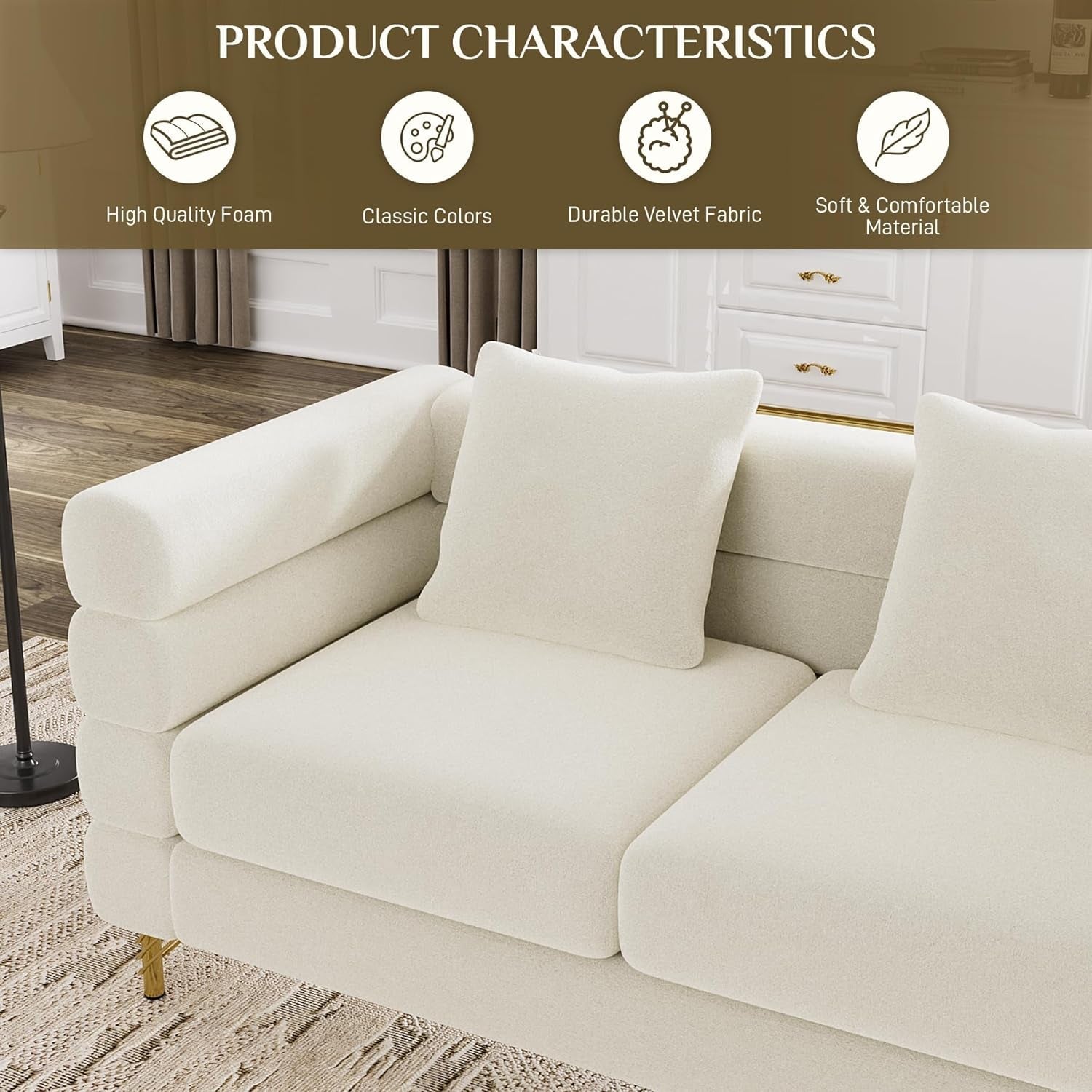 Living Room Sofa Couch and Loveseat Set, Modern Comfy Velvet Deep Seat Cloud Couch with 5 Pillows, Oversized Sofa Furniture Sets for Living Room Bedroom, Ivory White Velvet-3